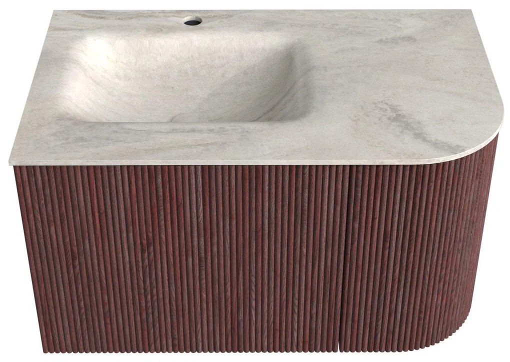 Mondiaz Kurve-dlux 75cm badmeubel ronding rechts ruby met 1 lade en deur en wastafel grunne kraangat links ostra