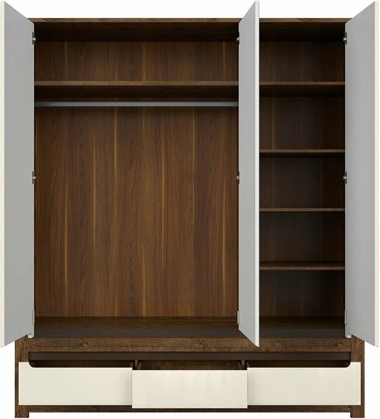 Kledingkast Ophevaru 114, April eiken, Glanzend crème, 205x179x61cm, 186 kg, Kledingkast deuren: Met scharnieren, Aantal planken: 5, Aantal planken: 5