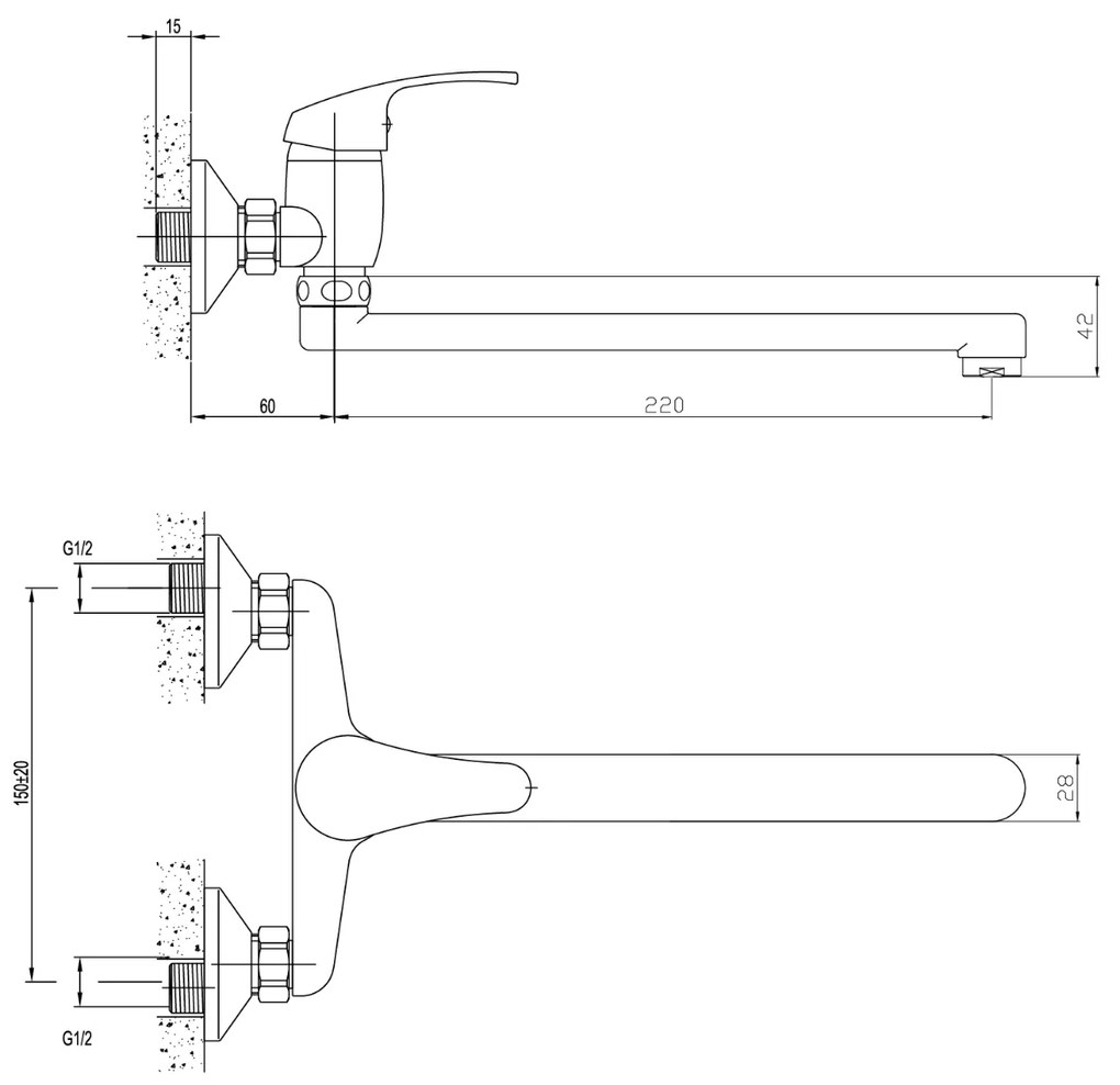 Aqualine 35 wastafelkraan met rechte uitloop 22cm hartafstand 15cm chroom