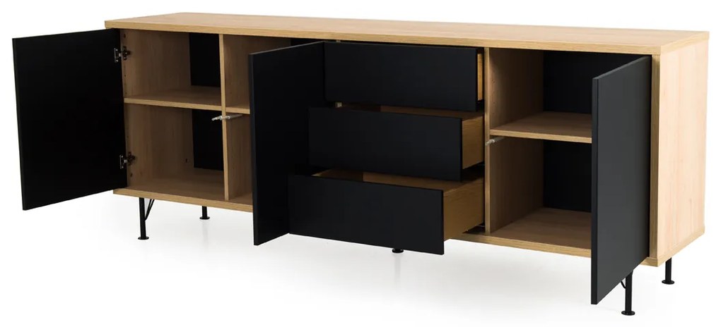 Tenzo Flow Groot Dressoir Mat Zwart Eiken - 206x44x79cm.