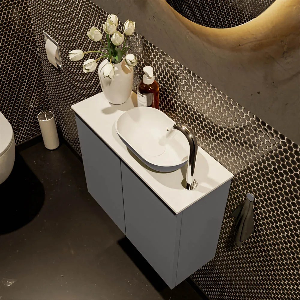 Mondiaz Fowy toiletmeubel 60cm dark grey met antraciete waskom rechts en kraangat