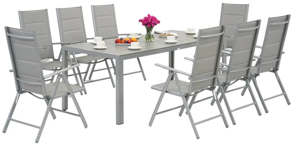 Garden Point lichtgrijze aluminium tuinmeubelen met grote Polywood Verona tafel voor 8 personen