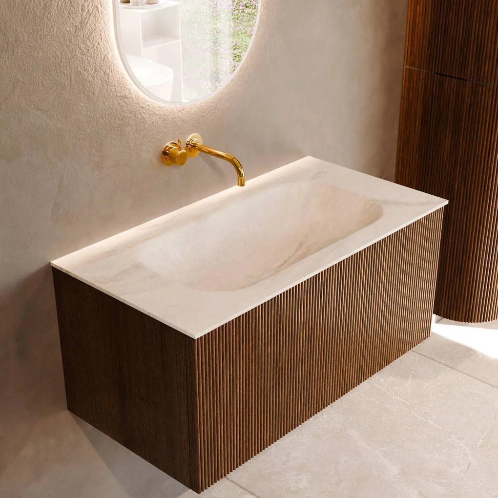 Mondiaz Kurve-dlux 90cm badmeubel dusk met 1 lade en wastafel big small midden zonder kraangat ostra