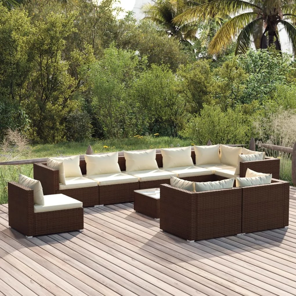 vidaXL 10-delige Loungeset met kussens poly rattan bruin