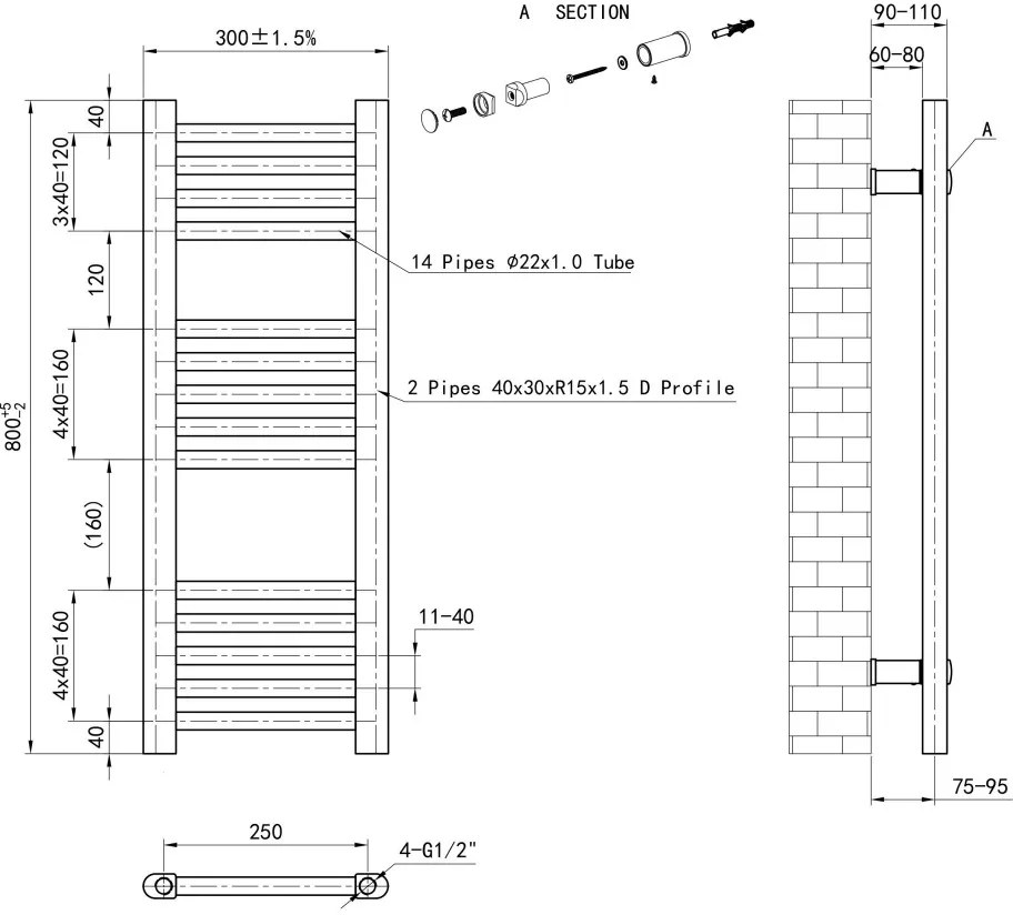 Eastbrook Wendover handdoekradiator 30x80cm 267W zwart mat