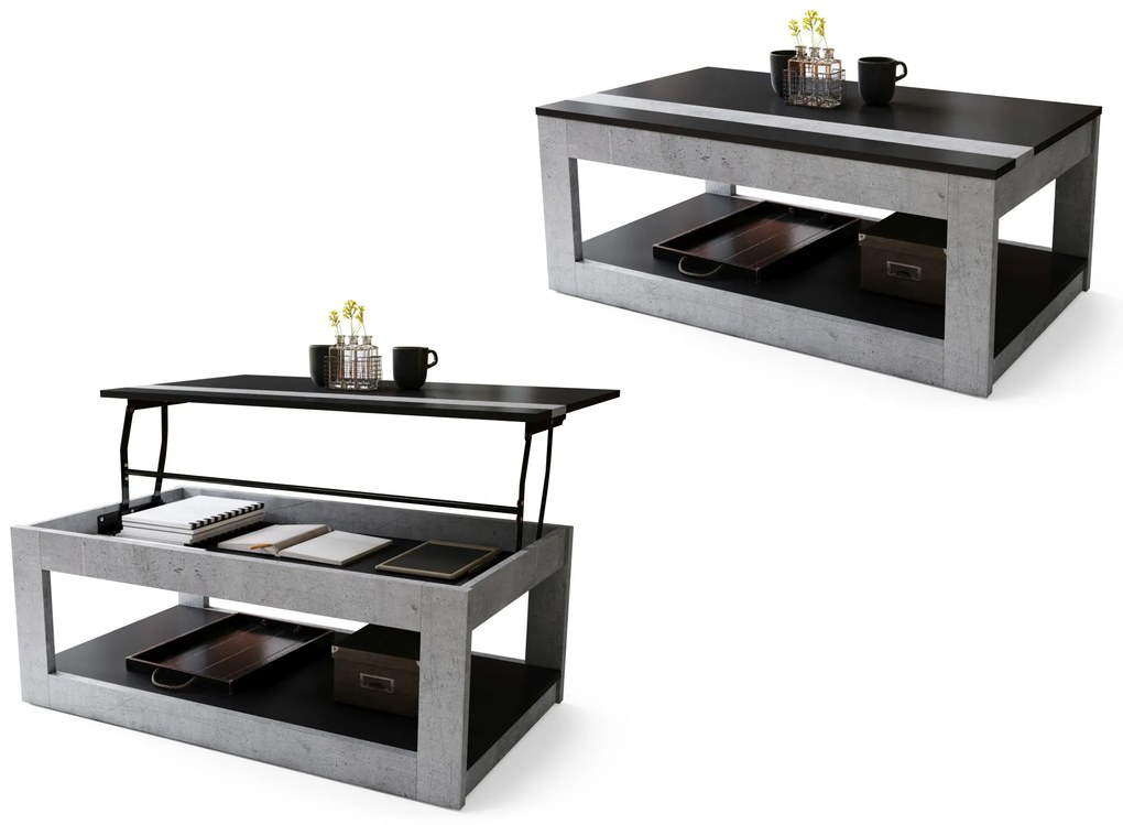 LUSSO Zwart Mat/Millenium Beton - MODERNE SALONTAFEL MET VERHOOGD BLAD + OPBERGRUIMTE + SCHAP (OP WIELEN!)