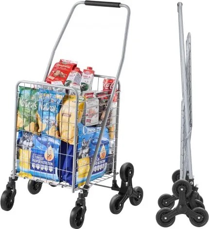 VEVOR Trapklimwagen, 45L trapklimwagen met 360° zwenkwielen, trapklimwagen met drie wielen, opvouwbaar, inklapbare transportwagen, ideaal voor het vervoeren van wasgoed, zilver