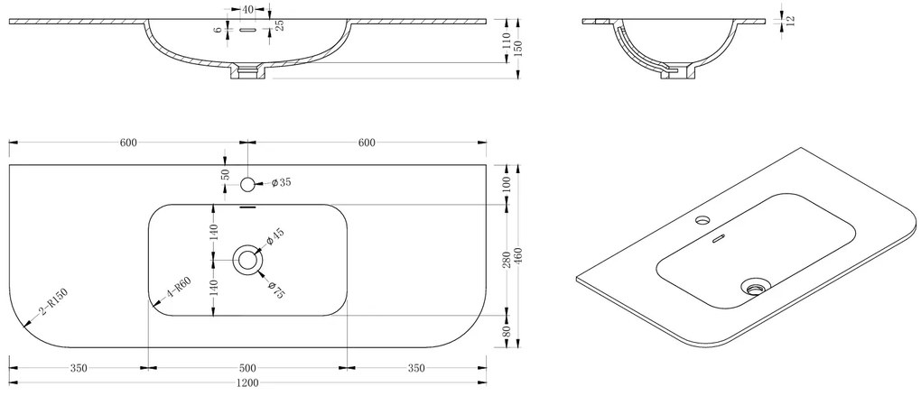 Lambini Designs Eleganza rond badmeubel 120cm acacia met ribbelfront en wastafel met kraangat