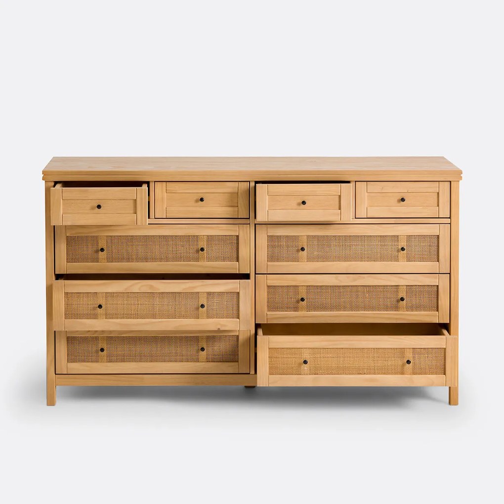 Ladekast van massief grenen en riet, 10 lades, Gabin