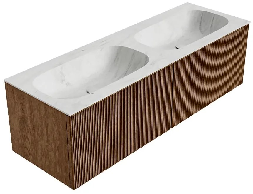 Mondiaz Kurve-dlux 140cm badmeubel walnut met 2 lades en wastafel stor small dubbel 2 kraangaten opalo