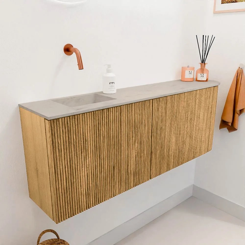 Mondiaz Joya DLux 110cm toiletmeubel ronding rechts oak met wastafel faye links zonder kraangat opalo