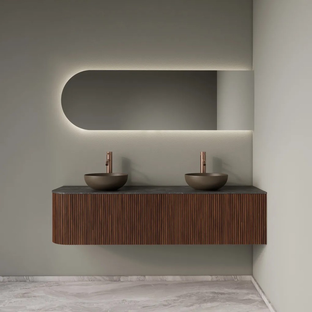 Gliss Design Alluro badmeubel ribbelfront met ronding links 160cm walnut en zwart leisteen toppaneel