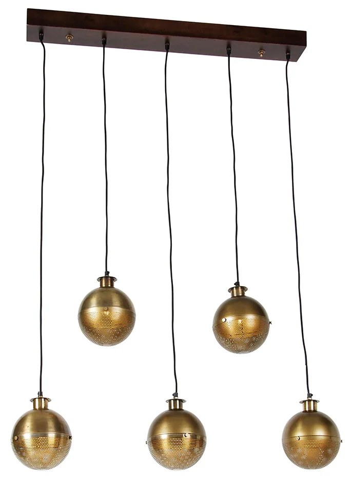 Industriële hanglamp brons met hout 5-lichts - Haicha