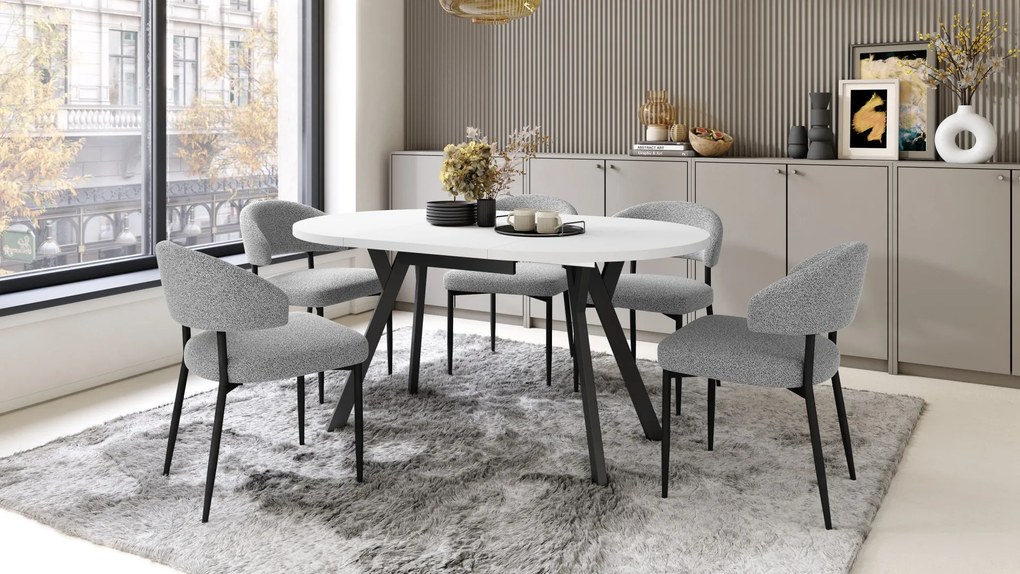 ALMO Wit Mat/Zwarte poten - RONDE LOFT/INDUSTRIËLE TAFEL VOOR WOONKAMER/EETKAMER, UITSCHUIFBAAR