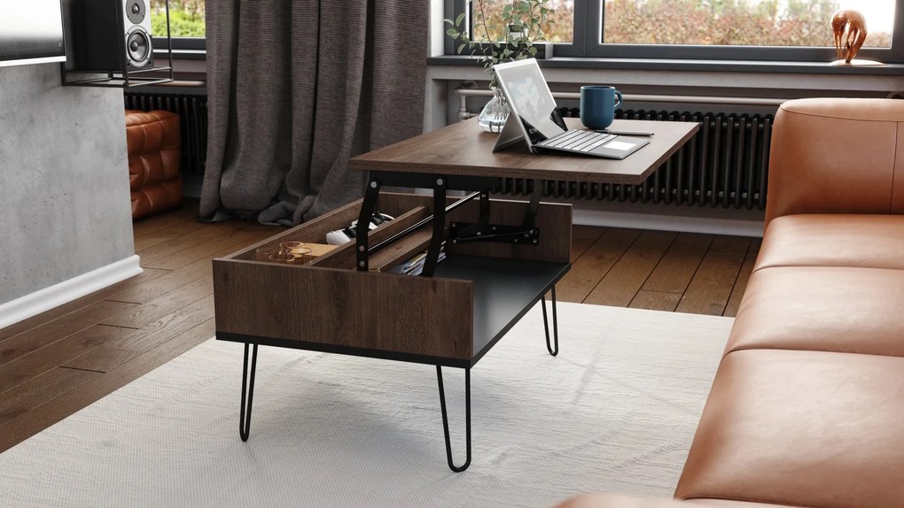 HAIRPIN S-90 Eik Bruin/Zwart Mat - MODERNE KOFFIETAFEL MET OPKLAPBARE TAFEL + OPBERGVAK + PLANK