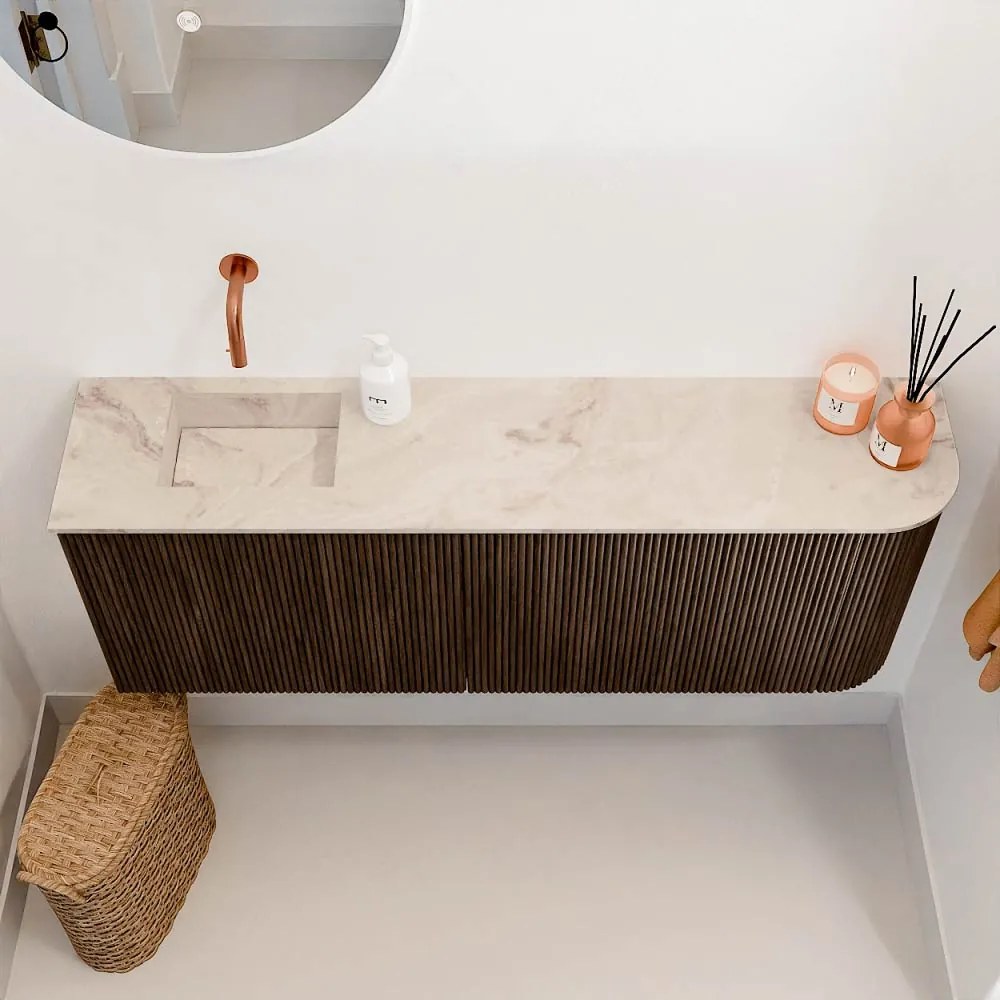 Mondiaz Joya DLux 110cm toiletmeubel ronding rechts walnut met wastafel faye links zonder kraangat frappe