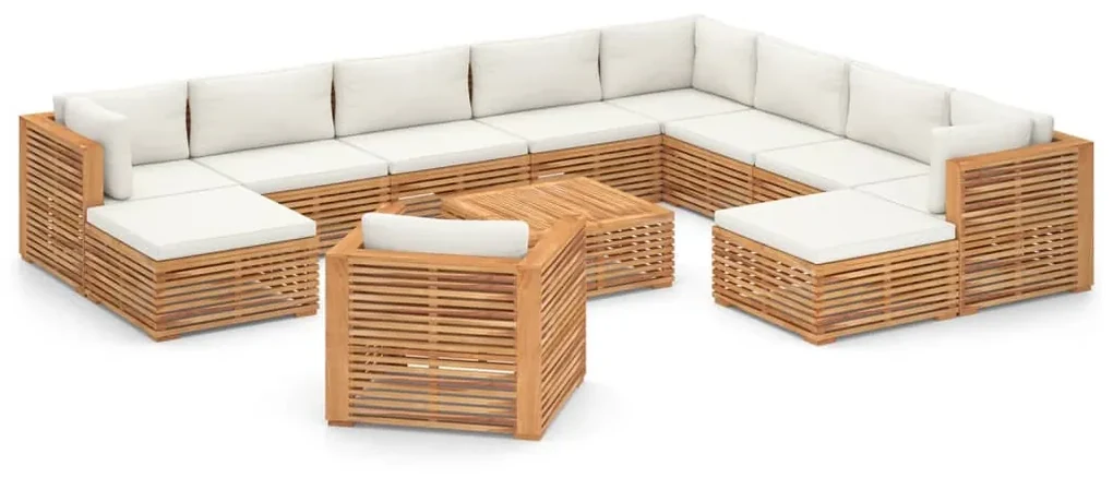 vidaXL 12-delige Loungeset met crèmekleurige kussens massief teakhout