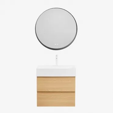 Badkamermeubelset Van Hout En Essenhoutfineer Met Geïntegreerde Wastafel Ona Natuurlijk Hout & Round Led And Antifog Zwart Ø80 Cm Kimacs - Sklum
