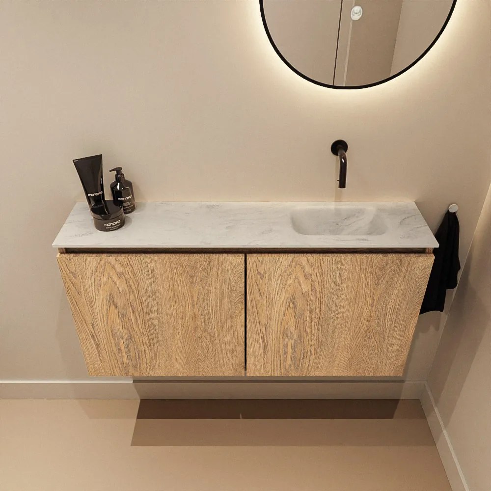 Mondiaz Ture DLux toiletmeubel 100cm washed oak met wastafel opalo rechts zonder kraangat