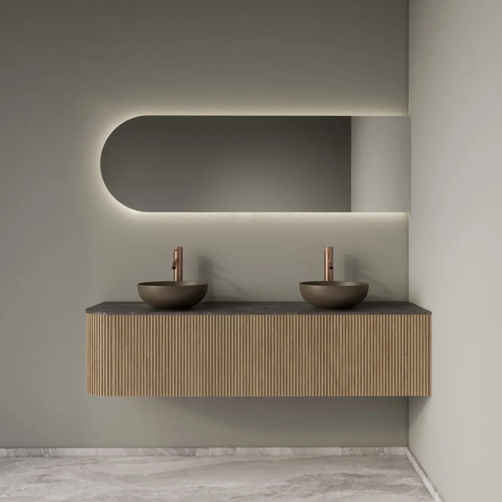 Gliss Design Alluro badmeubel ribbelfront met ronding links 160cm mist en zwart leisteen toppaneel