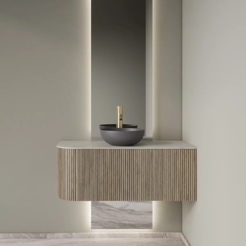 Gliss Design Alluro badmeubel ribbelfront met ronding links 100cm corn silk en wit marmer toppaneel