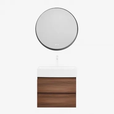 Badkamermeubelset Van Hout En Essenhoutfineer Met Geïntegreerde Wastafel Ona Donker Hout & Round Led And Antifog Zwart Ø80 Cm Kimacs & - Sklum