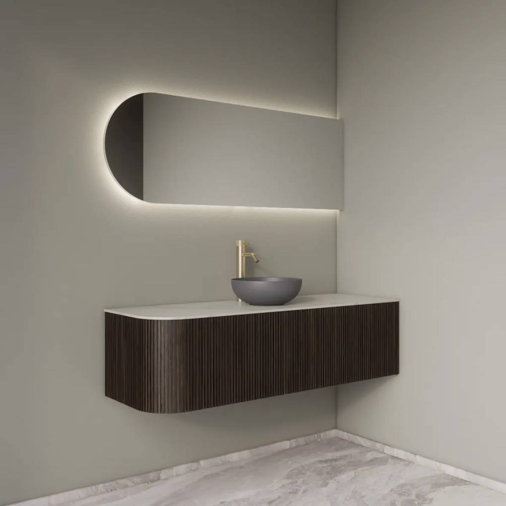 Gliss Design Alluro badmeubel ribbelfront met ronding links 140cm ebony en wit marmer toppaneel