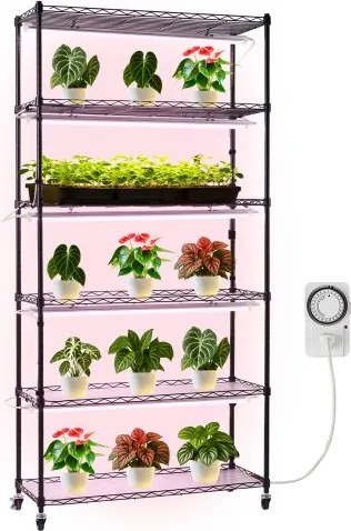 VEVOR plantenrek met kweeklampen, 6-laags plantenstandaard voor binnen met wielen en timer, 150W 3800K full spectrum licht, metalen bloemenrek voor zaaien, 90x35x180cm