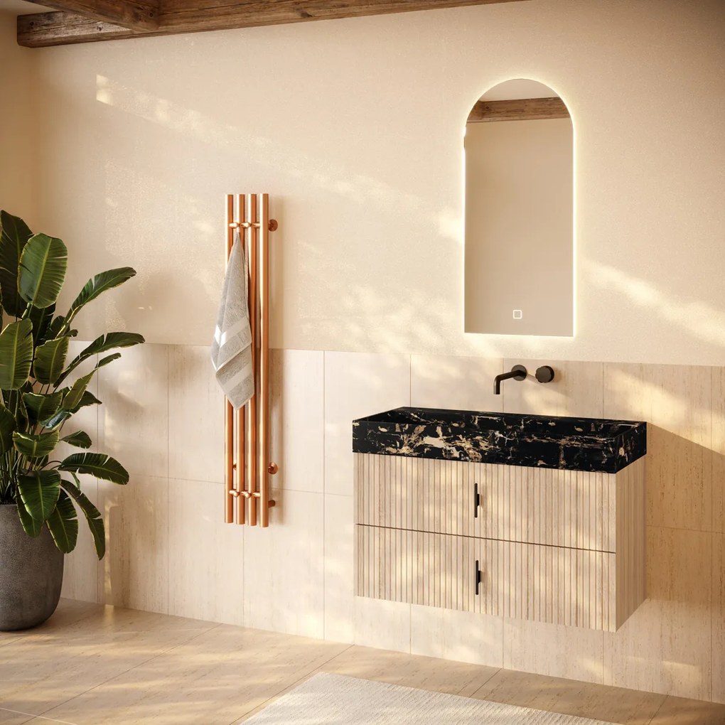 Muebles Murcia badmeubel ribbelfront 100cm naturel eiken met Portoro Gold wastafel zonder kraangat