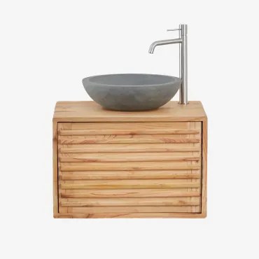 Badkamermeubelset Zwevend In Hout Deleyna Natuurlijk Hout & Rond Grijs Cement Ø40 Cm Tarsis & Spiegelloze & Geborsteld Grijs ↑30 - Sklum