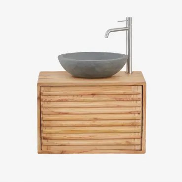 Hangend Badkamermeubelset 60x45 Cm In Hout Deleyna Natuurlijk Hout & Rond Grijs Cement Ø40 Cm Tarsis & Spiegelloze & Geborsteld Grijs ↑30 Cm Met Aftap