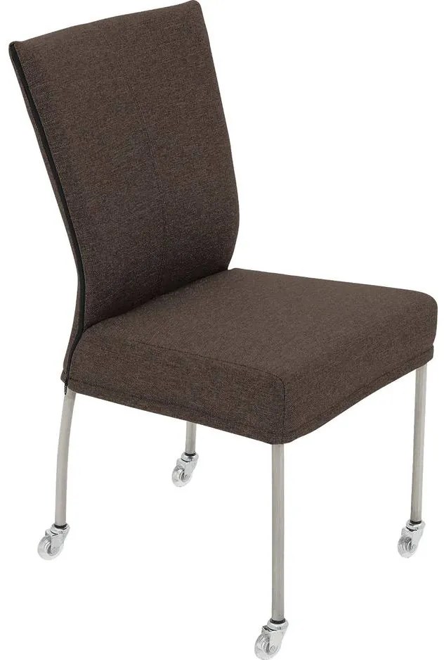 Goossens Eetkamerstoel Funk RVS Poten bruin stof leuning en Transparant skater wiel met rvs kapmet wielen, modern design