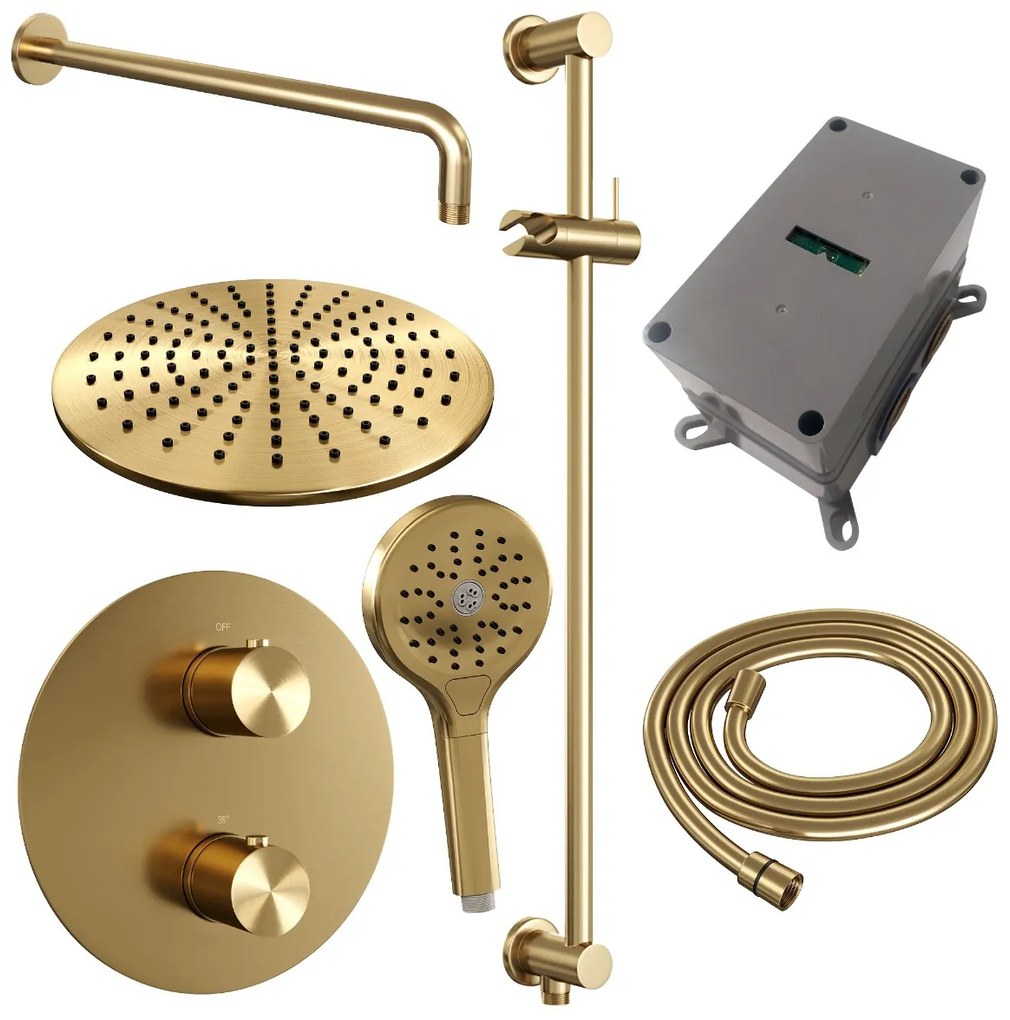 Brauer Gold Edition thermostatische inbouw regendouche met 3 standen handdouche, gebogen muurarm, glijstang en hoofddouche 30cm set 94 messing geborsteld PVD