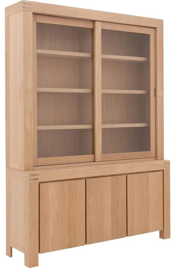 Goossens Buffetkast Clear, 2 glasdeuren boven, 3 dichte deuren onder, blank eiken, 162 x 225 x 45 cm, stijlvol landelijk