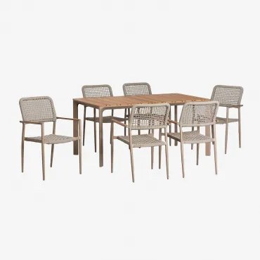 Rechthoekige Tafelset Van Aluminium En Teakhout (160x90 Cm) Katiana En 6 Stoelen Van Aluminium En Gevlochten Touw Nediam Bruin - Mokka - Sklum