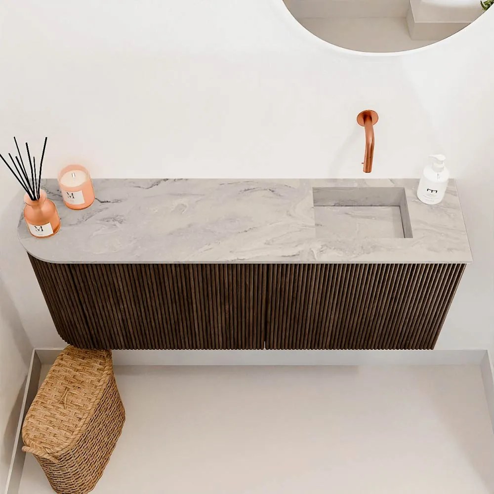 Mondiaz Joya DLux 100cm toiletmeubel ronding links walnut met wastafel faye rechts zonder kraangat glace