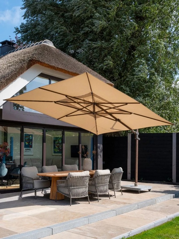 4 Seasons Finca zweefparasol 4x3 m - Zand/ Donkere houtlook met Finca voet en hoes