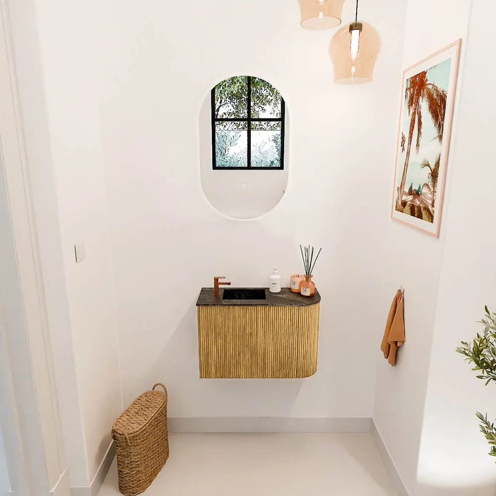 Mondiaz Joya DLux 60cm toiletmeubel ronding rechts oak met wastafel faye links 1 kraangat lava