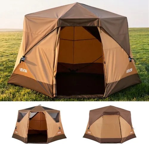VEVOR Campingtent voor 6 personen, pop-up tent met regenhoes en gaasramen, snel op te zetten in 60 seconden, draagbare tent met draagtas voor gezinskamperen en wandelen, 330x213x204 cm