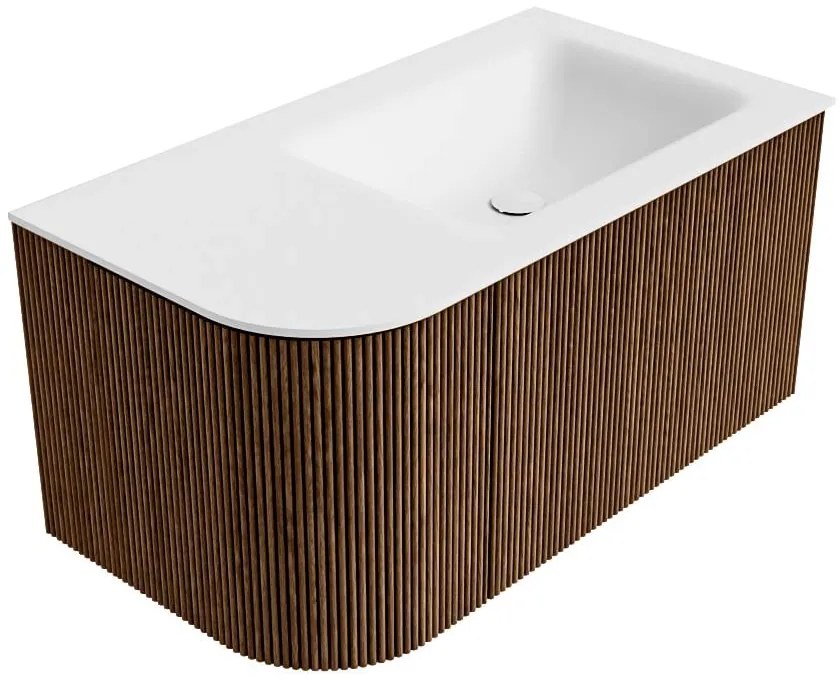 Mondiaz Kurve 85cm badmeubel ronding links walnut met 1 lade en deur en wastafel cloud rechts zonder kraangat