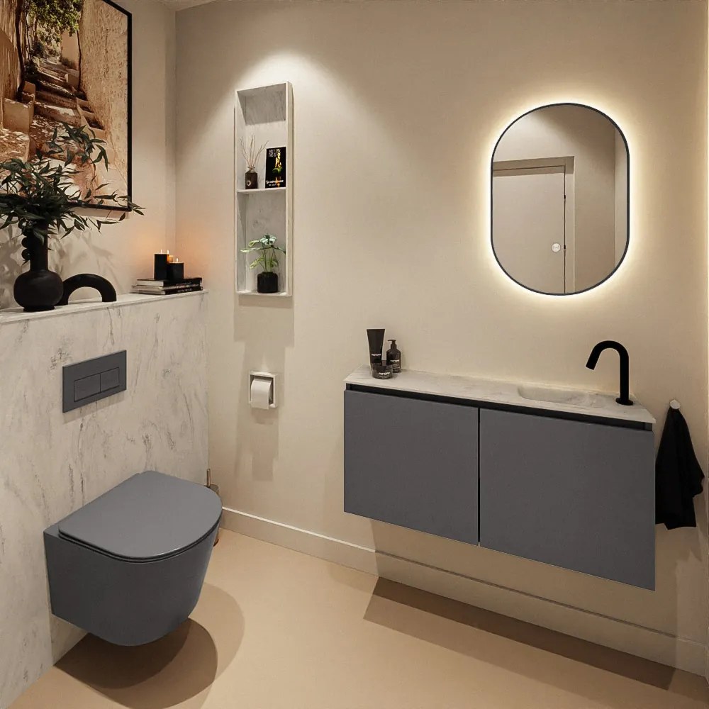 Mondiaz Ture DLux toiletmeubel 100cm dark grey met wastafel opalo rechts met kraangat