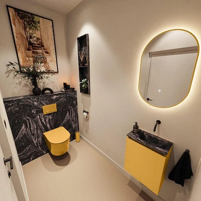 MONDIAZ TURE-DLUX 40cm toiletmeubel Ocher. EDEN wastafel Lava positie rechts. Zonder kraangat. TUREDX40OCHR0LAV