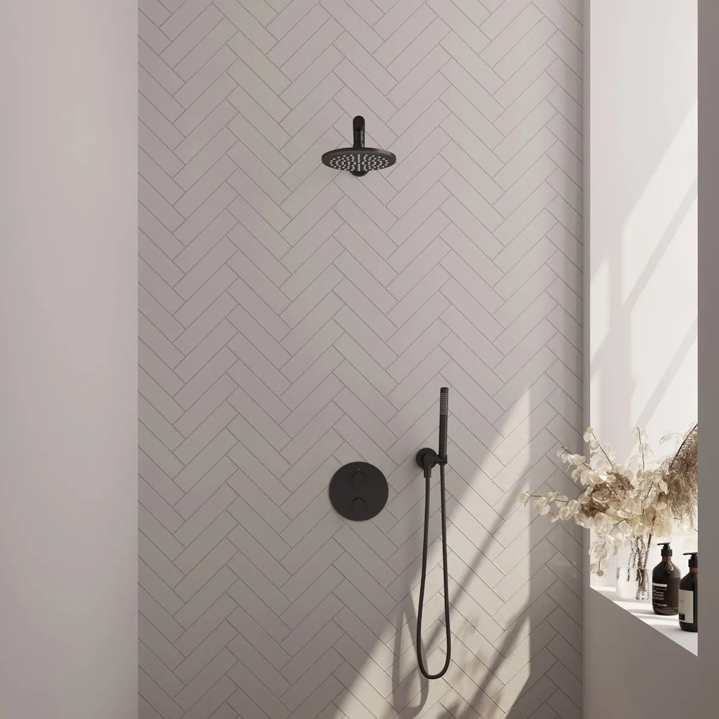 Brauer Black Carving thermostatische inbouw regendouche met staafhanddouche, rechte muurarm en hoofddouche 20cm set 73 zwart mat