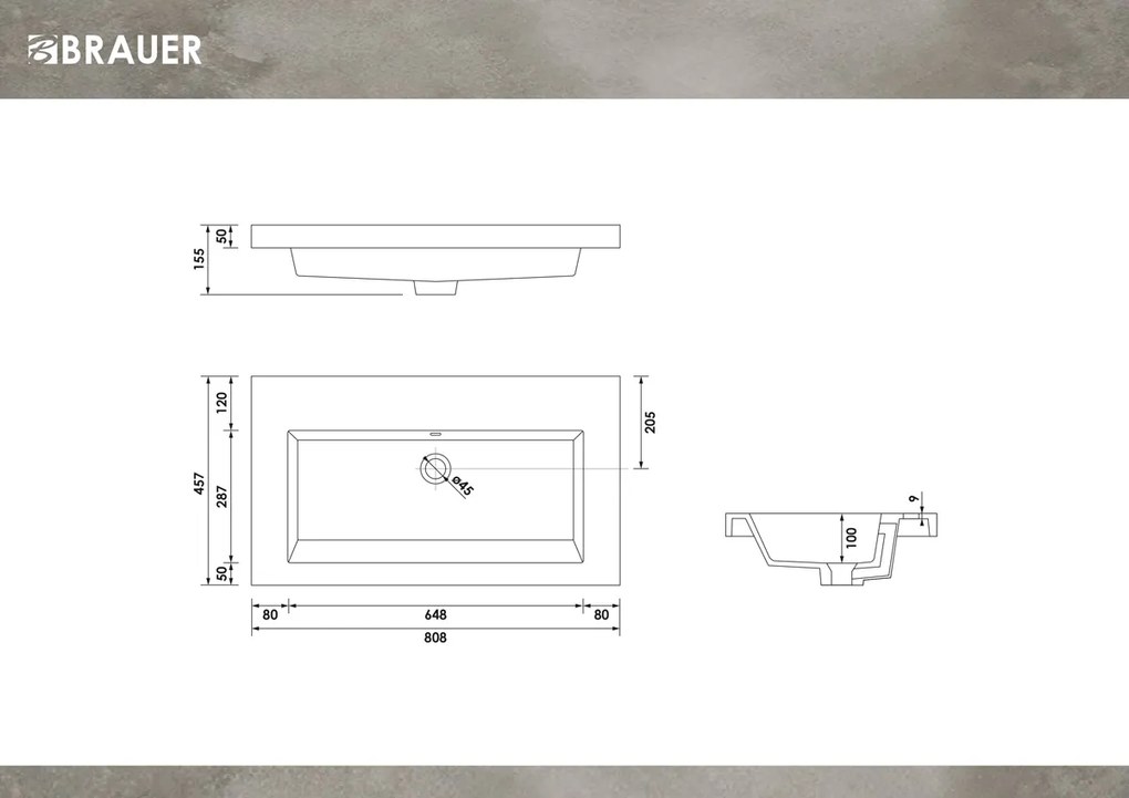 Brauer Solar Medium wastafel mineraalmarmer 80cm zonder kraangat wit glans