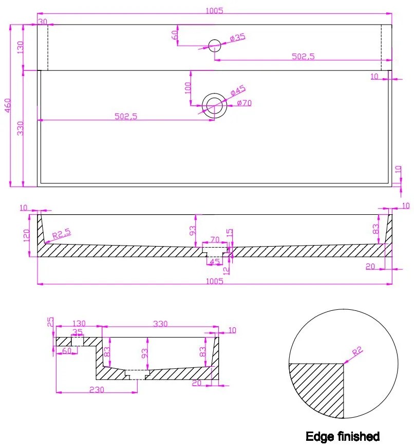 Fontana White Travertin badmeubel 100cm mat zwart met ribbelfront met kraangat