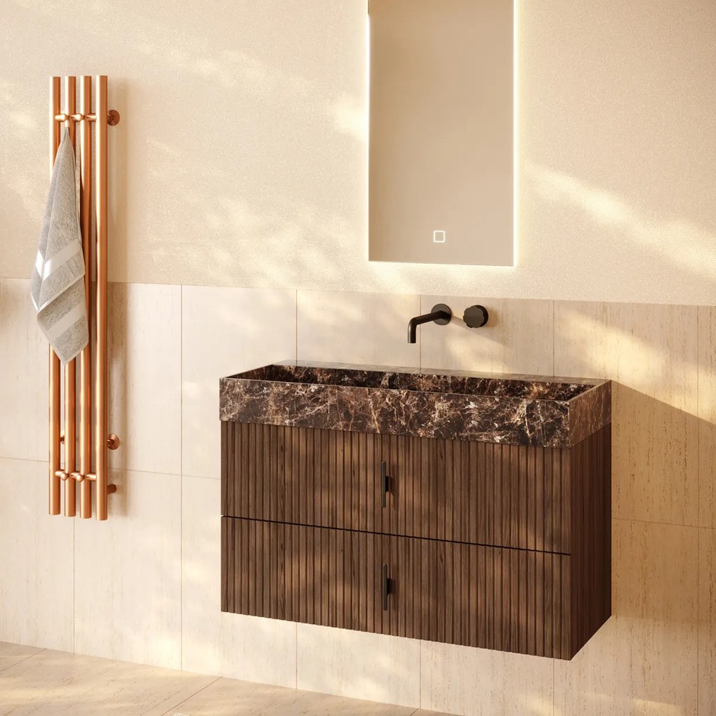 Muebles Murcia badmeubel ribbelfront 100cm walnoot met Dark Emperador wastafel zonder kraangat