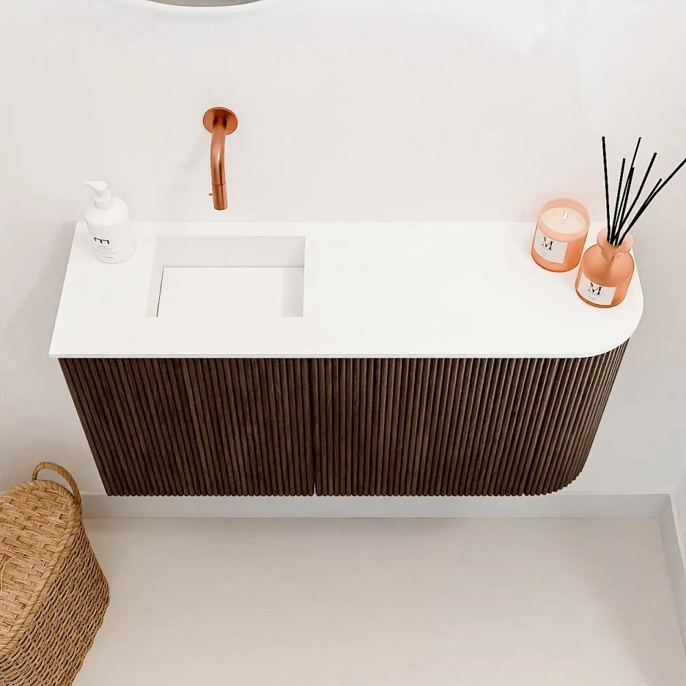 Mondiaz Joya 80cm toiletmeubel ronding rechts walnut met wastafel faye links zonder kraangat talc