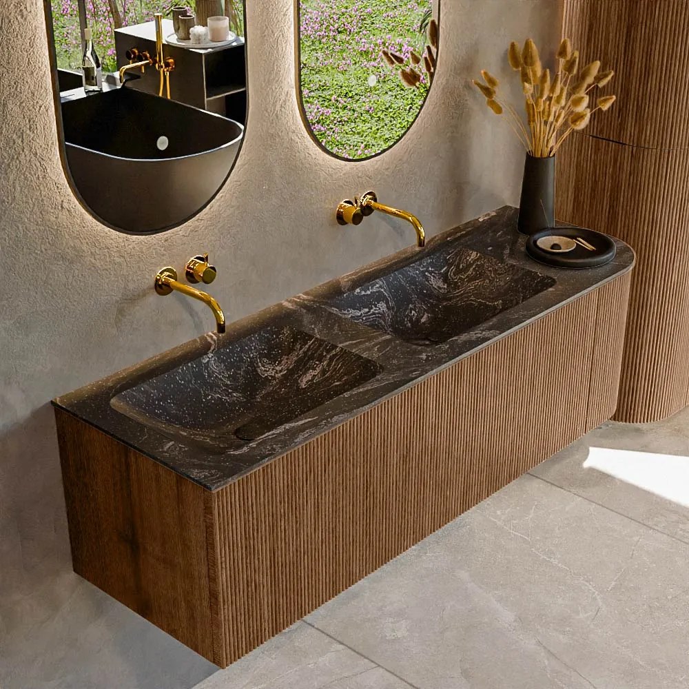 Mondiaz Kurve-dlux 145cm badmeubel ronding rechts walnut met 1 lade en deur en wastafel leaf dubbel/links zonder kraangat lava