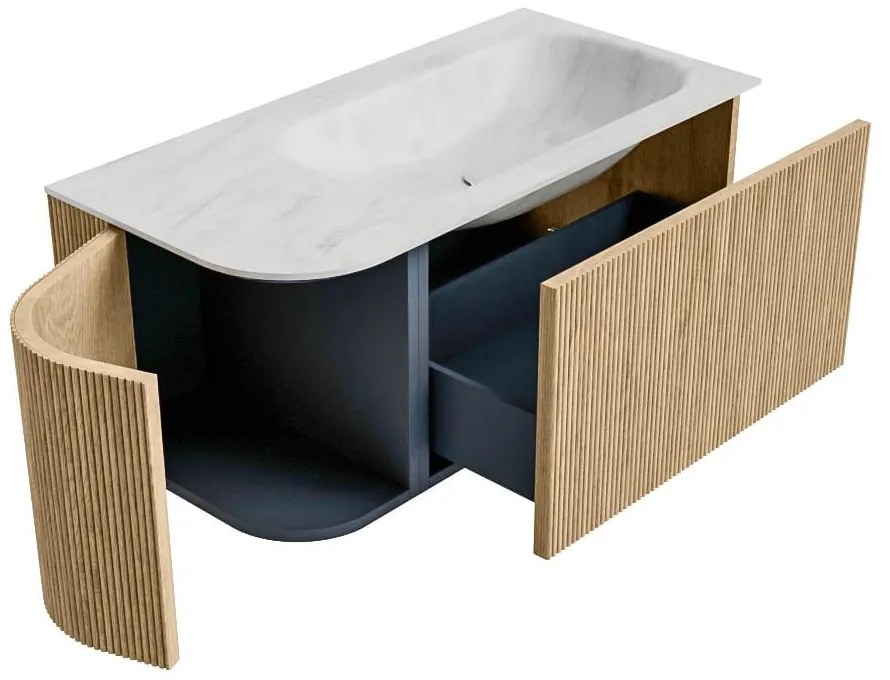 Mondiaz Kurve-dlux 95cm badmeubel ronding links oak met 1 lade en deur en wastafel big small kraangat rechts opalo