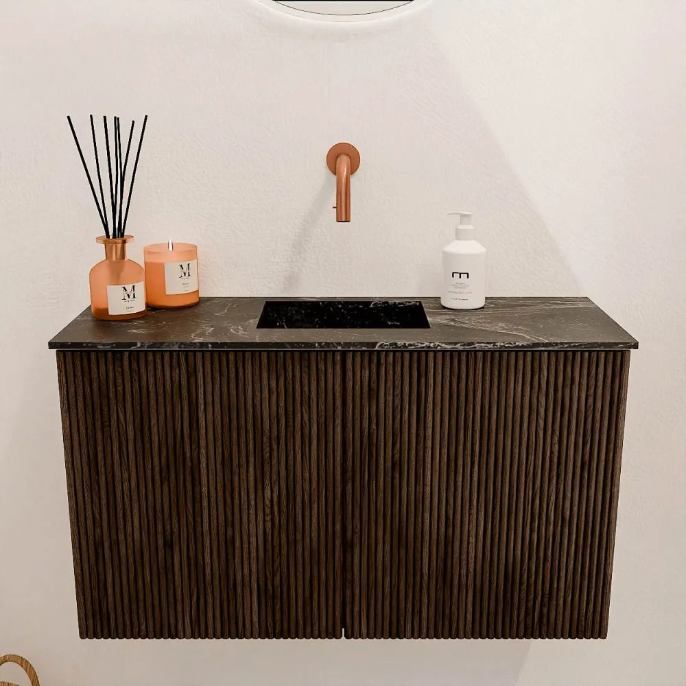 Mondiaz Joya DLux 70cm toiletmeubel walnut met wastafel faye midden zonder kraangat lava